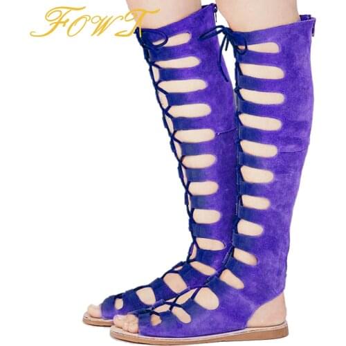 Purple Flock Cross-Tied Lace Up Flat Sandals Woman Ankle Strap Open Toe Large Size 13 14 Ladies Summer Shoes Fashion FOWT