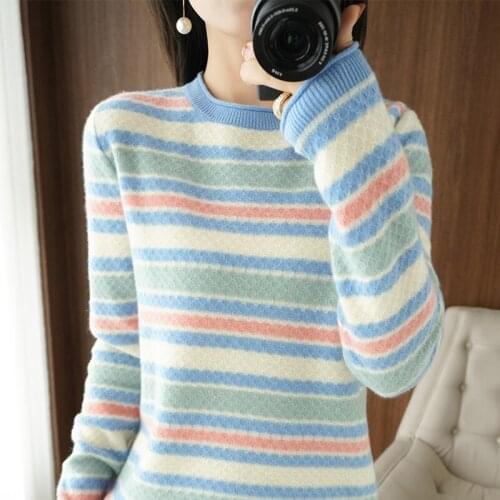 2021 new autumn and winter cashmere sweater womens round neck color matching stripe loose and versatile 100% wool knitted