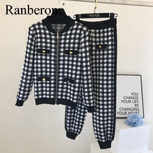 Ranberone Women Tracksuit Elegant Two Piece Set Plaid Long Sleeve Leopard Zipper Cardigans Outfit And Sweatpants Sexy Loose Suit