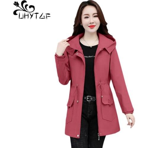 UHYTGF Womens Trench Coat Hooded Casual Spring Autumn Windbreaker Female Overcoat Korean Wild Thin 4XL Plus Size Outerwear 1559