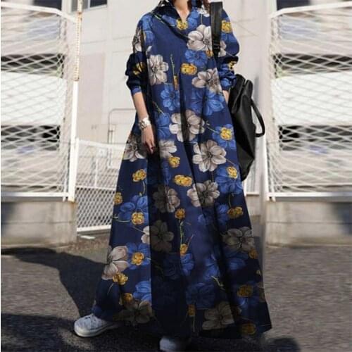 Women Floral Shirt Dress 2021 Retro Spring Sundress Long Sleeve Print Maxi Vestidos Female Casual Lapel Robe Plus Size Loose 5XL