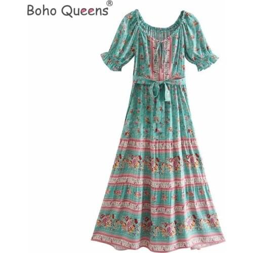 Boho Queens hippie women Multi floral print Bohemian dress ladies short sleeve off shoulder sashes rayon maxi dresses vestidos