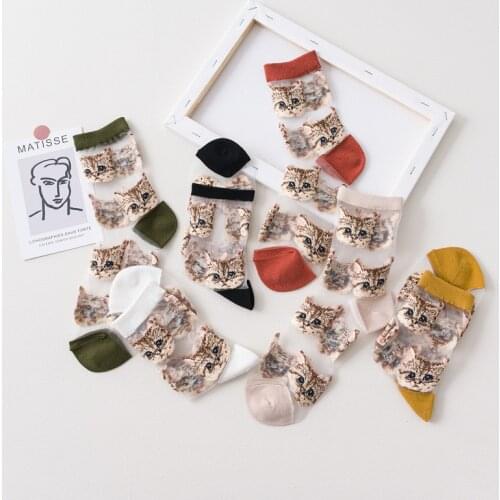 5 pairs Japanese simple card stockings spring summer thin glass stockings cute jacquard cat mid tube Vintage stockings
