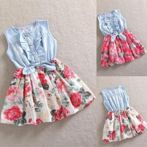 WAN ROU Brand Baby Girl Dress 2020 Summer Children Sleeveless Girl Denim Floral Dresses Kids Princess Bowknot Dresses For Girls