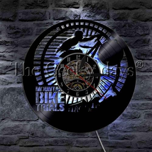 Mountain Bike Trials Vinyl Record Wall Clock With LED Backlight Riding Cyclist Bicycle Wall Watch Modern Wall Lamp
