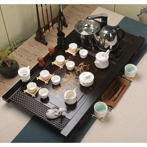 Ceramic tea tea set Binglie Yixing Ru celadon Kung Fu tea four in one solid wood tray Shun