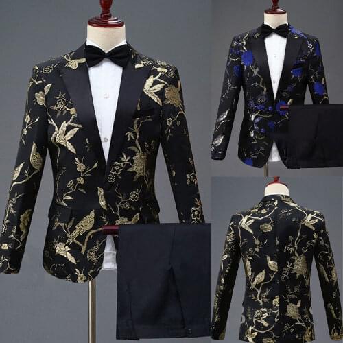 Embroidery Groom Wedding Tuxedos Slim One Button Pants Suits Mens Prom Party Jacket Coat Formal Outfits 2 Pieces
