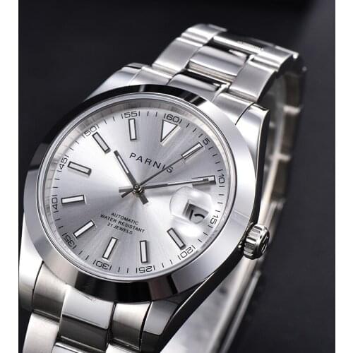 Parnis 39.5mm White Dial Automatic Mens Watches Silver Stainless Steel Bracelet Mechanical Mens Wristwatch erkek kol saati 2020