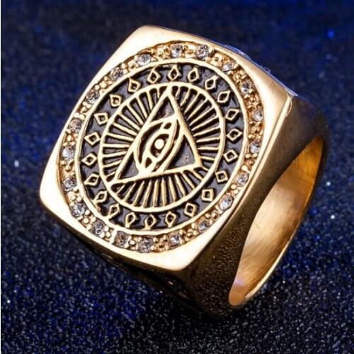 Drop Ship Size 8~13 Cool Golden Eye Ring With Ctystal Stones 316L Stainless Steel Jewelry Lord God Eye Ring