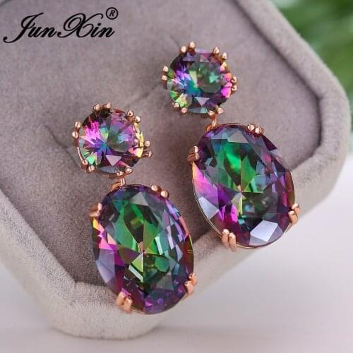 Gradient Rainbow Fire Zircon Stone Big Wedding Earrings For Women White Gold Rose Gold Colorful Crystal Engagement Earrings Cz