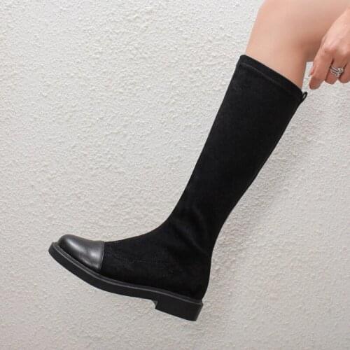 New Knee High Boots Women Stretch Fabric Long Boot Square Heel Autumn Winter Fashion Lady Shoes Handmade Plus size 33-43