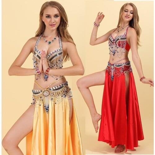 Handmade Beaded Women Belly Dance Costume Bra+Belt 2 Pieces Ladies Sexy Belly Costumes Set Sari Indian Dancing Clothing 10 Color