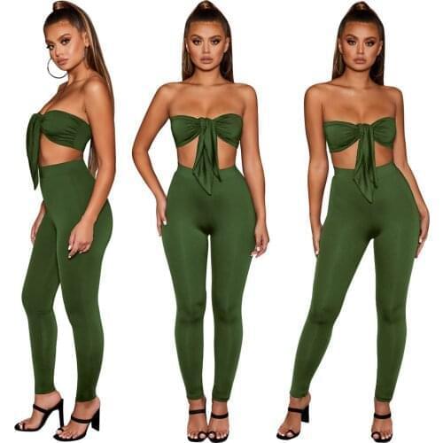 Womens Tube Top Trousers Sexy Suit Fashion 2 Piece Set Crop Top & High Waist Tight Pants Summer Party Beach Two Piece Set