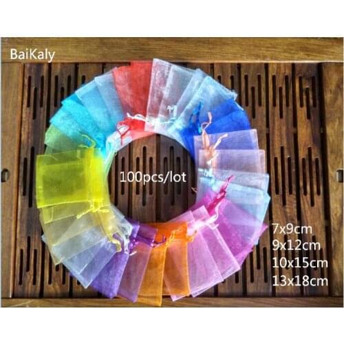 100pcs/lot jewelry bag pouch 7x9 9X12 10x15 13x18cm drawable organza bags christmas wedding gift bags jewelry packaging bag