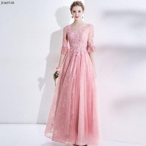 Abito damigella rosa new scoop neck lace bohemian pink wedding dress for guest long vestidos de dama de honor para boda