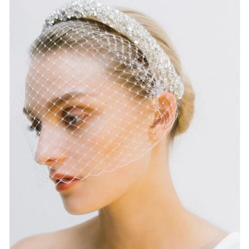 White Headband Veil Charming Headwear Accessories Veil for Wedding Woman for Bridal Crystal Rhinestone Birdcage 2021