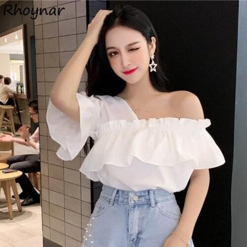 Preppy Blouses Women Ruffles Summer Design Sexy Slash Neck Off Shoulder Fairy Sweet Loose Tops Streetwear Elegant Korean Style