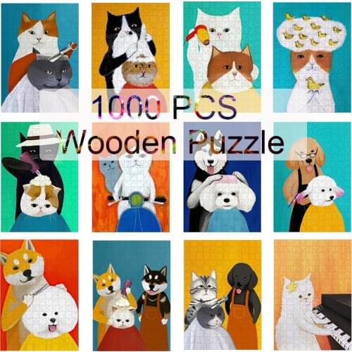 DIY 1000 Pcs Jigsaw Puzzle Funny Dog Cat Art Wooden Puzzles Kids Adults Brain Game Toys For Children Educational Relaxing Gift
