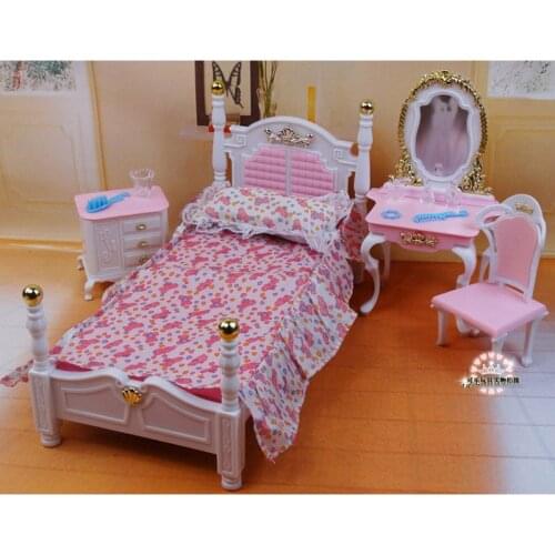 For Barbie Doll Furniture Accessories Plastic Toy Sweet Dream Princess Bed Dressing Table Chair Christmas Holiday Gift Girl DIY