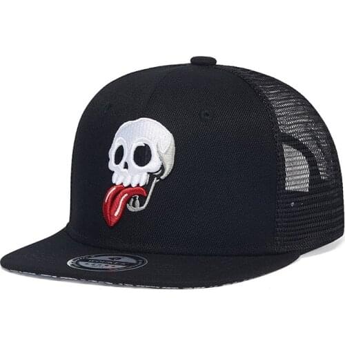 Cap Teenagers Snapback Black Men Flat Bill Hat Skull Embroidery Pattern Adjustable Summer Breathable Sports Hiphop Accessory