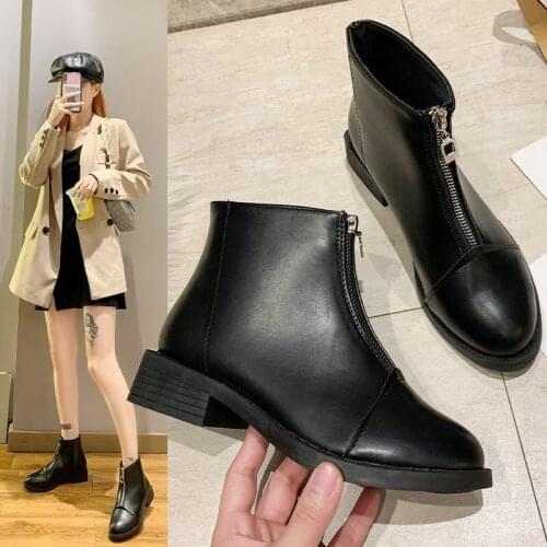 Classic Fashion Short Boots Female Round Toe Front Zipper Personality High Heels Female Autumn Winter Warm Casual Boots Black