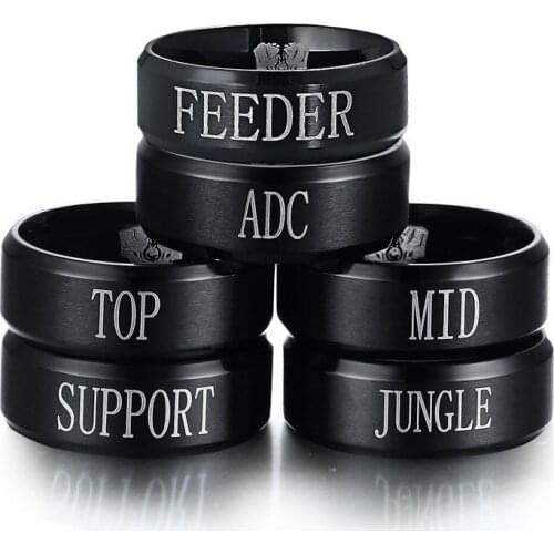 Game Anime Peripheral Ring for Men and Women Black Stainless Steel LOL Ring Team Ring,Top Jungle Adc Mid Support Engraved