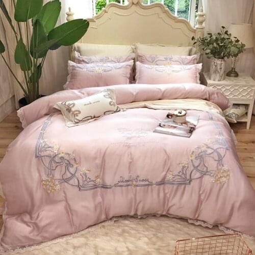 Luxury Pink Tencel Egyptian cotton Embroidery Bedding sets Queen King Tribute Silk Duvet cover Bed sheet set Pillowcases 4/6pcs