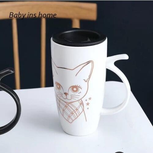 Milk Water Coffe Cup 580ml Big Capacity Cute Black and White Cat Ins Ceramic Cup Student Korean Style Cute Cartoon Mug with Lid