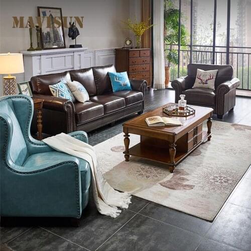 American Country Style Small Apartment Living Room Furniture Simple Leather Cheslong Sofa For Leisure Modern Long Chair Bed
