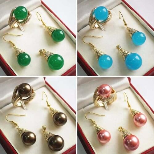 Fashion South Sea Shell Pearl Earrings Ring Necklace Pendant Jewelry Set For Women Girls Wedding Party Gift Accessories 13 Color