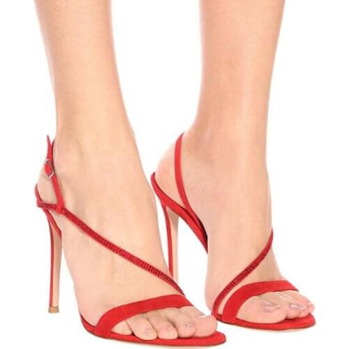 Fashion Woman Red Black Suede Bling Bling Rhinestone Summer Sandals Female Stiletto Heels Cross Ankle Strap Wedding Shoes Lady