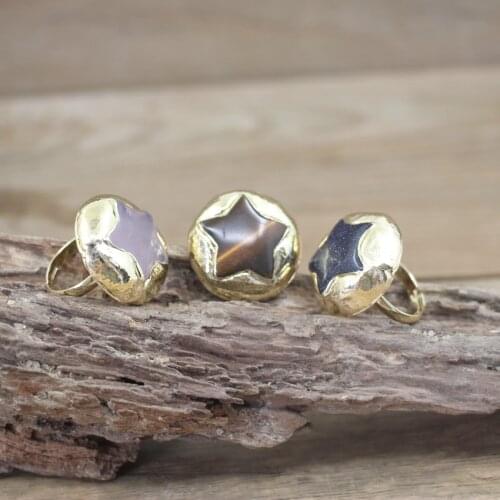 New! Natural Stone Star Shaped Golden Ring Rose Quartzs Tiger eye Blue Goldstone Adjustable Ring Fashion Women Jewelry,QC4079