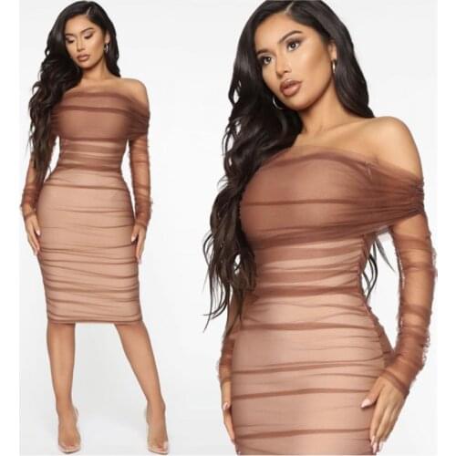 New Woman Bandage Dress Vintage Vestios Brown Ruched Off Shoulder Mesh Bandage Dress Full Sleeves Autumn Woman Dress Elegant