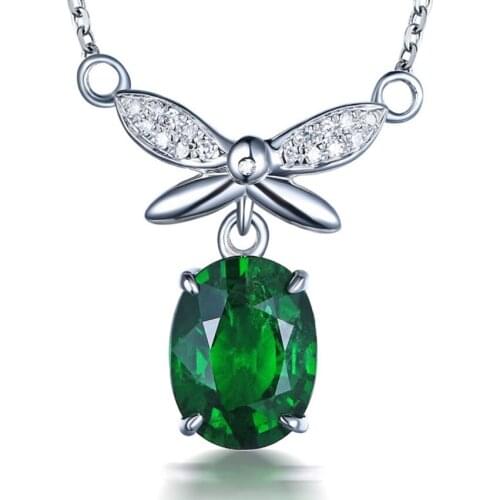 Silver Plated Butterfly Oval Shape Green Crystal Pendant Link Chain Necklace Modern Accessories