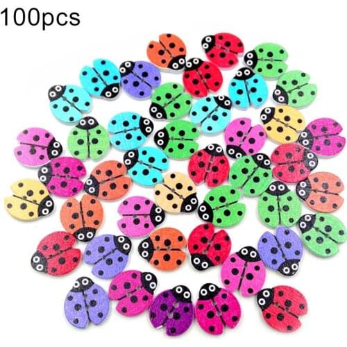 100Pcs Mixed Ladybug Wood Shape Apparel Sewing Buttons For Kids Clothes Scrapbooking Decorative Handicraft DIY Accessories