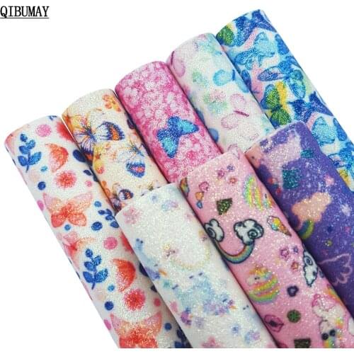 QIBUMAY A4 Size Printed Glitter Fabric Unicorn Butterfly Faux Leather Sheets DIY Hairbows Accessories Handmade Bags Decoration