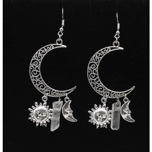 Sun Moon Earrings Artificial Quartz Crystal Earrings, Crescent Earrings, Mysterious Gothic Pagan Goddess Witch Jewelry
