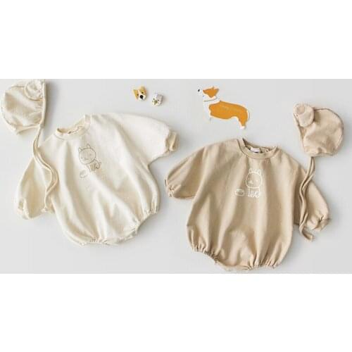 Spring and Autumn Baby Boys and Girls Cute Puppy Pattern Long-Sleeve Jumpsuit With Hat