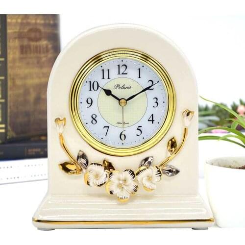 Vintage White Ceramic flower Floral Design Standing Mute Desk Table Clock