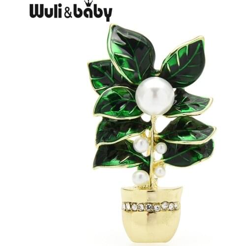 Wuli&baby Enamel Leaves Flower Brooches For Women Unisex Pearl Plants Party Office Brooch Pin Gifts