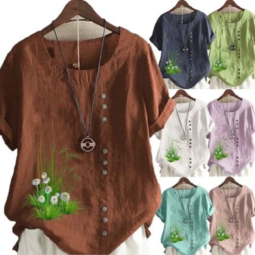 Womens Fashion Summer New Floral Printed Short Sleeve T-shirt Casual Round Neck Tops Loose Solid Color Blouse