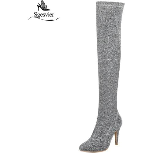 Sgesvier Women Boots High Heels Knee High Boots Suede Thigh High Over The Knee Red Black Boot Ladies shoes Plus Size 32-48 OX811