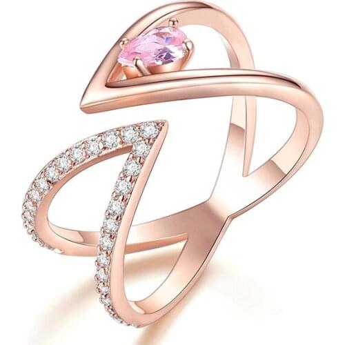 Womens Fashion Creative Pointy Feel Finger Rings V Shape Micro Crystal Paved Opening Ring Band Wedding Ring Jewelry Gifts