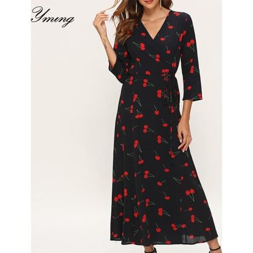 YMING Boho Women Maxi Dress Auntum Party Long Dresses Elegent Vestidos Split Cherry Printed Beach Dress V Neck Black Dresses