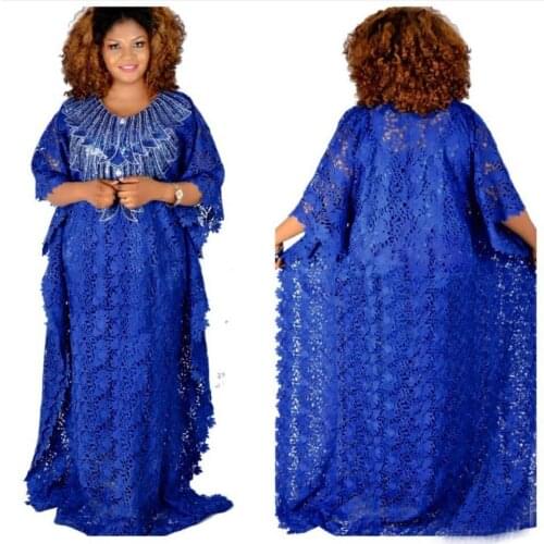 New African Womens Dashiki Fashion Abaya Stylish KWA Skyblue Nigerian Water Soluble Cord Lace Loose Long Dress Free Size