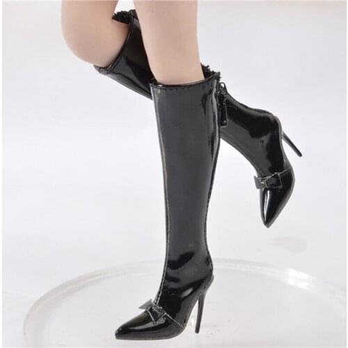 1/6th Black Leather Female Long Boots High-heeled Shoe For 12" Body