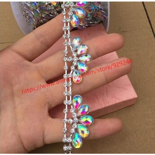 1 yard/pack 2.2cm gorgeous tear-drop black stone flower trims AB rhinestone crown chain fashion garment accesory hair ornaments