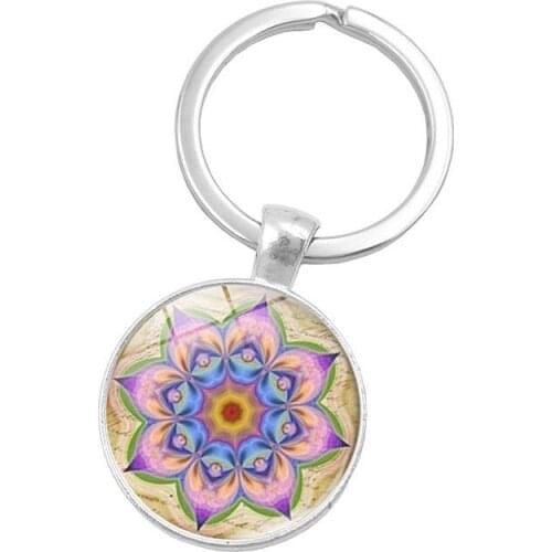 Buddhism OM Jewelry Keychian with Silver Plated Glass Cabochon Mandala Flower Pattern Cute Key Ring for Unisex