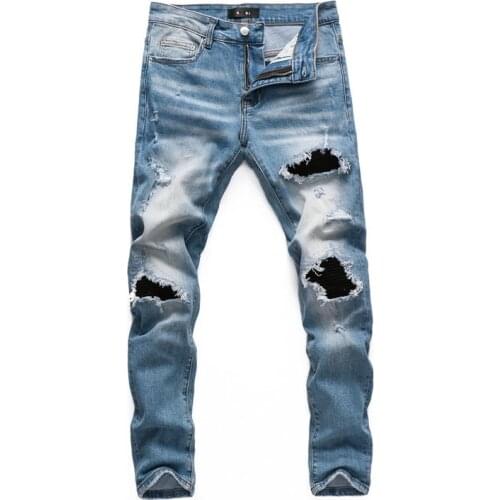 Black Pleated Patch Jeans Men Bleached Blue Ripped Distroyed Spring Summer Jeans Male Punk Rock Skinny Streetwear Denim Pant Men