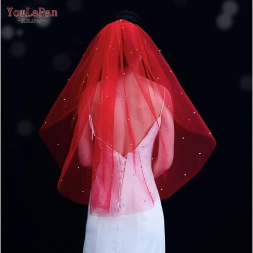 YouLaPan V89 Bridal Veil Red Coloured Bridal Veil Indian Bridal Red Veil with Pearl Cathedral Veil Wedding Baroque Bridal Veil